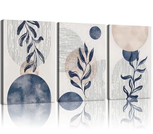 HCJWCXD 3Pcs Boho Wall Art Navy Blue Botanical Framed Canvas Prints 16x24In - color: Navy Blue, size: 16x24 Inches