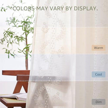 jinchan Floral Linen Curtains 96 Inch Farmhouse Back Tab 2 Panels - color: Off White, size: 50"W x 96"L (Pack of 2)