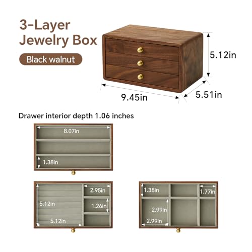 Wooden Jewelry Box, Large, Black Walnut Wood - size: 3 drawers