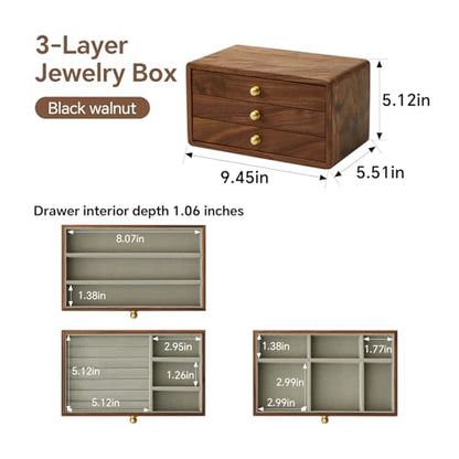 Wooden Jewelry Box, Large, Black Walnut Wood - size: 3 drawers