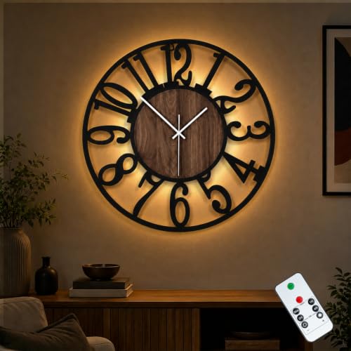 24" Silent Wall Clock – Adjustable Night Light, Battery Operated - color: Black Walnut - Arabic Numerals, size: 24 inch(60 cm)