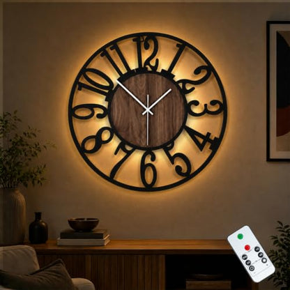 24" Silent Wall Clock – Adjustable Night Light, Battery Operated - color: Black Walnut - Arabic Numerals, size: 24 inch(60 cm)