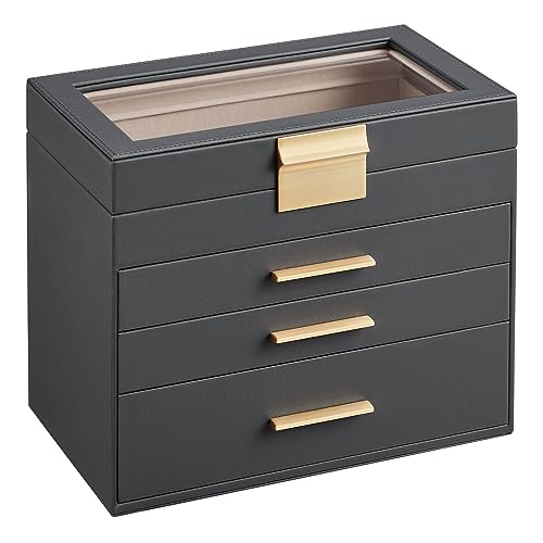 SONGMICS Jewelry Box Organizer, 4-Layer Storage with 3 Drawers, Glass Lid - color: Gray + Gold, size: 4 Layer (6"d X 9.9"w)