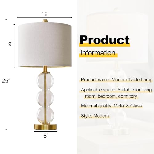 Oneach 25" Glass Table Lamps Set of 2, Gold Modern Table Lamps with USB Ports for Living Room, Linen Shade Bedside Lamps for Bedroom, Nightstand, Side Table (Bulbs not Included) - color: Gold