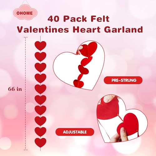 OHOME Valentines Day Decorations - 40 Pack Red Felt Heart Hanging Banner Backdrop | Valentines Decor Party Supplies Favors for Wall Home Office - Galentines Day Decorations for School Classroom Outdoor Indoor - color: Red