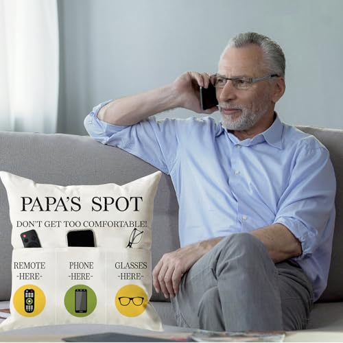ONFAON Papa Gifts Throw Pillow Case, Papa's Spot Throw Pillow Covers 18 x 18 Inch,Put Phone Glasses and Remote Control Pillowcase,Birthday Christmas Thanksgiving Day Gifts for Papa Stepdad 3-Pocket - color: Papa 3-pocket