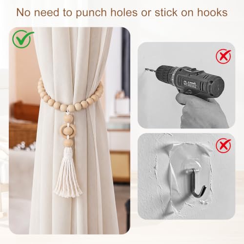 Magnetic Wood Bead Curtain Tiebacks Boho Farmhouse