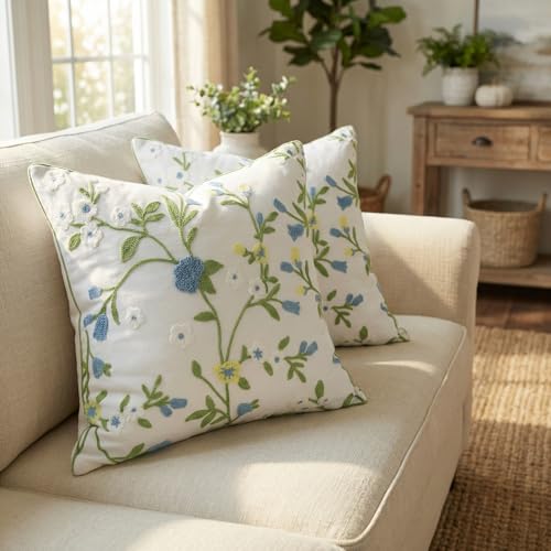 Blue Yellow Green Floral Embroidered Pillow Covers 18x18 Set of 2 - color: Blue Green Yellow, size: 18" x 18" (Pack of 2)
