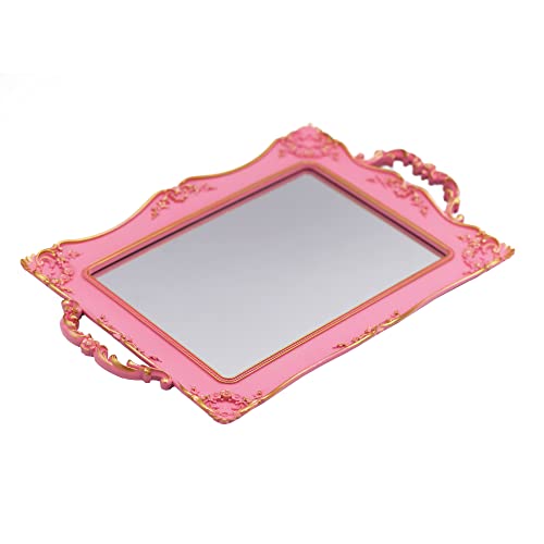 Tstarer Antique Decorative Pink Framed Square Mirror Tray (Pink) - color: Pink