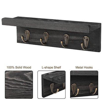 Key Holder Wall Mount, Farmhouse Wall Shelf with 4 Hooks for Entryway - color: Black - Pine