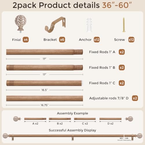 2 Pack Curtain Rod 36-60 Inch, Boho Wood 1 Inch Window Curtain Rod - color: White Wood, size: 36''-60'' (2 Pack)