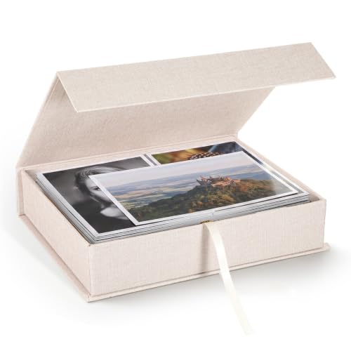 Linen Photo Box, 8×10 Memory Box for Keepsakes Photo Storage Boxes with Lids Stackable for Storing Photos, Postcards, Handwritten Letters, Drawer and Tabletop Organizer, 11.1×8.9×2.5 Inch