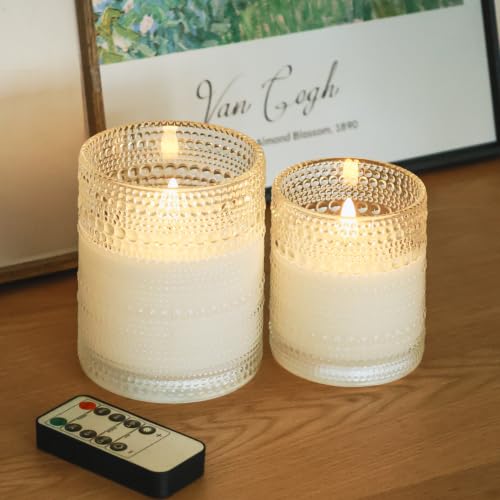 White Dotted Glass Real Wax Flameless Battery-Operated LED Pillar Candles - color: White