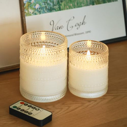 White Dotted Glass Real Wax Flameless Battery-Operated LED Pillar Candles - color: White