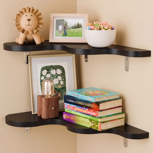 Cute Cloud Corner Shelves - Set of 2 Black Wooden Floating Corner Shelves Wall Mounted, 90-Degree Space-Saving Nursery Shelves with Brackets, Kids Room Decor for Bedroom,Living Room,Bathroom - color: A-black Cloud Corner Shelves, size: 2-Tier