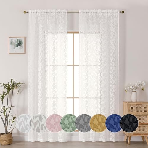 OWENIE Leyna Sheer Ivory Curtains 84 Inches Long for Living Room Bedroom 2 Panels Set, Modern Clip Jacquard Leaves Textured Light Filtering Curtains, Double Rod Pockets Window Drapes, 40Wx84L Inch - color: Ivory, size: 40"W x 84"L (Pack of 2)