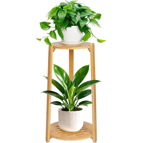 2 Tier Round Bamboo Plant Stands Shelf Indoor Wooden Corner