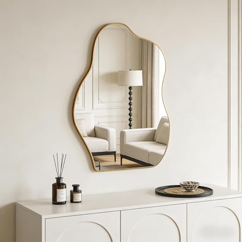 Irregular Asymmetrical Wall Mirror, 28x20 Inch Gold Bathroom Mirror - size: 28"L x 20"W
