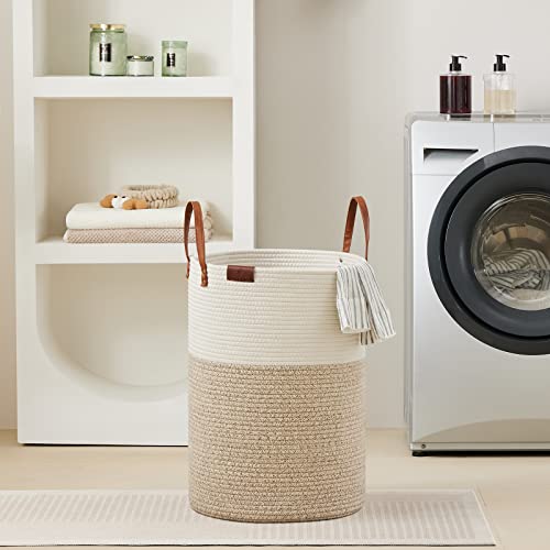 VIPOSCO 72L Tall Woven Rope Laundry Hamper, Leather Handles, White & Brown - color: Brown, size: 72L