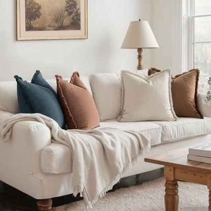 MIULEE Fall Linen Fringe Pillow Covers Set of 4 24x24 Beige/Brown/Blue - color: Blue Brown, size: 24" x 24" (Pack of 4)