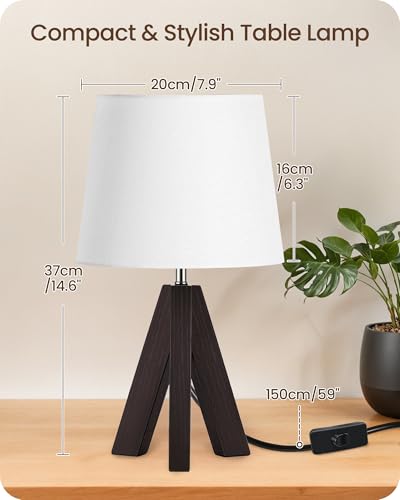 Small Table Lamp for Bedroom, 14.6" Bedside Lamp with White Linen Shade and Walnut Wood Tripod Base, Modern Nightstand Lamp for Living Room, Nursery, Entryway, E26 Socket, VW51TL05 - color: White+Dark Walnut