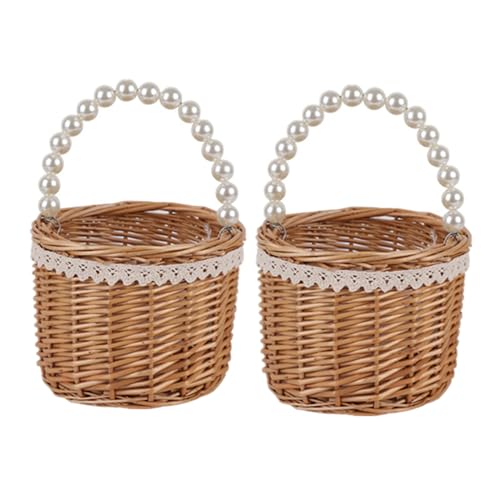 Rustic Wicker Rattan Wedding Flower Girl Baskets,Woven Rattan Storage Basket with Pearl Handles,Woven Eggs Candy Basket for Wedding Home Garden Decor (F - 2PCS) - color: F - 2PCS