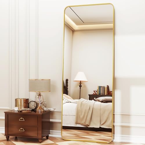 XRAMFY Full Length Mirror 23"x66", Large Floor Mirror with Rectangle Rounded Corners, Gold Aluminum Alloy Frame, Wall Mirror for Full Body - color: Gold, size: 66"L x 23"W