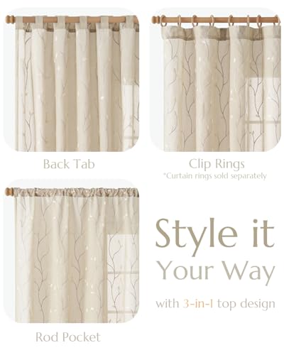 jinchan Beige Leaf Voile Embroidered Curtains 84 Inch Back Tab 2 Panels - color: Vine Back Tab Beige, size: 55"W x 84"L (Pack of 2)