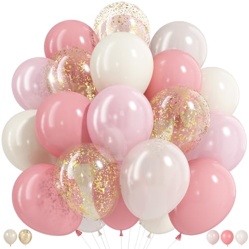 Pink and Gold Balloons, 50 Pcs 12 Inch Double Stuffed Dusty Pink | Gold Confetti Balloons with Ribbon for Girls Birthday Baby Shower Engagement Bridal Party Decorations - color: Pink White