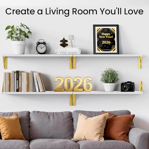 BAYKA 22.4 in Long Wall Mounted Floating Shelves (White and Gold, Set of 4) - color: B. White Board & Gold Brackets, size: 22.4 inches Uniform