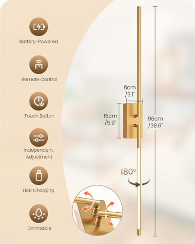 38.6" Wireless Battery Operated Wall Sconces Set of Two,Rechargeable Lamp with Remote, DIY Rotation, 10000mAh Battery, Touch Dimmable Lights for Living Room Hallway Bedroom, Gold D08YBP205 - color: Gold, size: 38.6 Inches