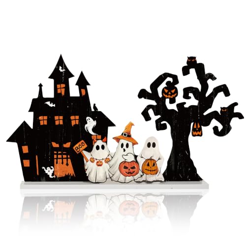 Smile Halloween Wooden Standing Decor Set Ghost Haunted House and Tree - style: Halloween Tree