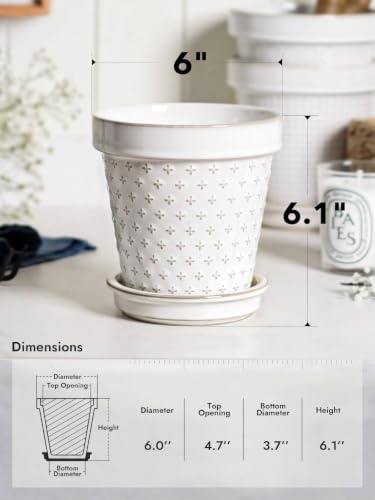 LE TAUCI Ceramic Plant Pots, 6 Inch Flower Pot with Drainage Hole & Saucer, Embossed Planter Pots for Indoor Plant Succulent, Orchid, Cactus, Home Decor - Set of 4, Arctic White - size: 6 inch