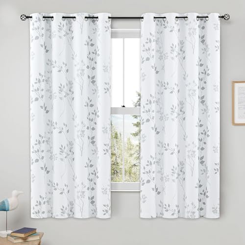 Beauoop Floral 100% Blackout Curtains for Bedroom Grey White 52X54 2 Panels - color: Grommet | Grey, size: 52"W x 54"L (Pack of 2)