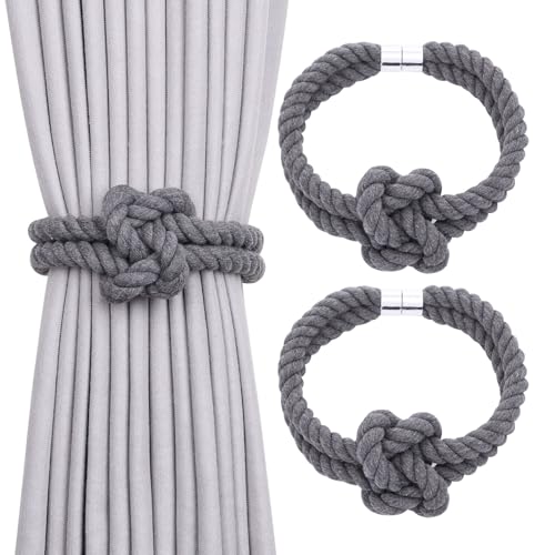 NICEEC Natural Cotton Rope Magnetic Curtain Tiebacks, 2 Pack, Dark Grey - color: Dark Grey, size: 2 Pack