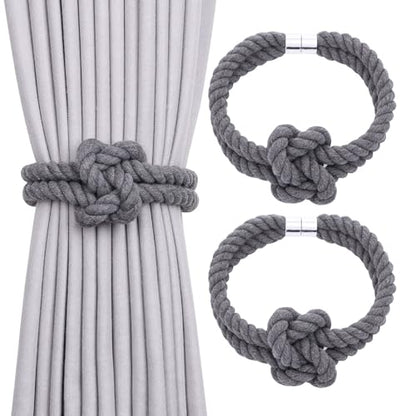 NICEEC Natural Cotton Rope Magnetic Curtain Tiebacks, 2 Pack, Dark Grey - color: Dark Grey, size: 2 Pack