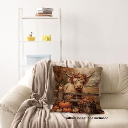 Rustic Fall Western Highland Cow Pumpkin Throw Pillow Covers 18x18 - color: Highland Cow-09