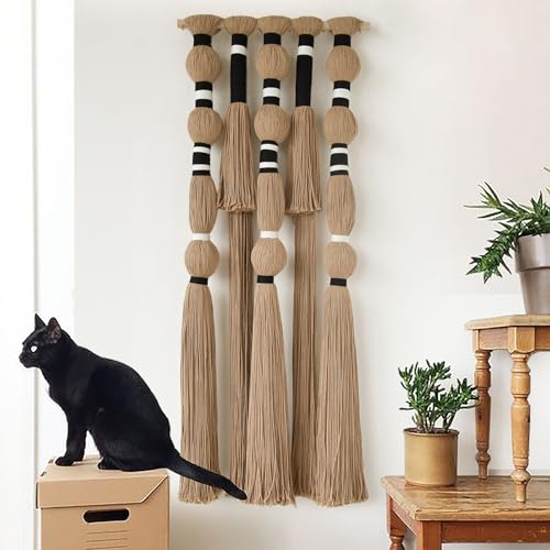 Macrame Wall Hanging Geometric Khaki Boho Fiber Craftsmanship 15.7"W*39"L - color: Khaki Black