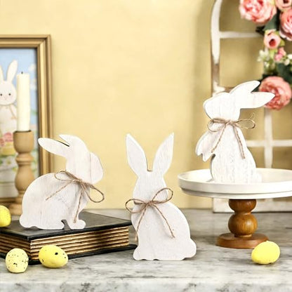 3 Pcs White Wooden Easter Bunny Signs with Jute Bows, Farmhouse Tiered Tray & Table Decor for Mantel, Desk, Spring and Easter Home Decoration