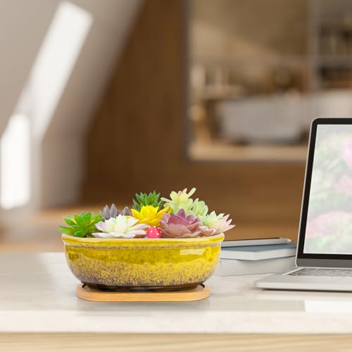 Succulent Pots, 1 Rectangle Planter + 1 Ceramic Bonsai Pots with Drain Tray - color: Yellow