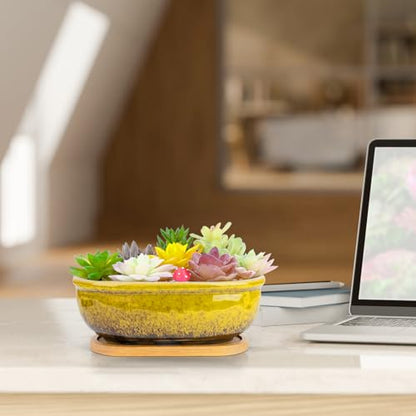 Succulent Pots, 1 Rectangle Planter + 1 Ceramic Bonsai Pots with Drain Tray - color: Yellow