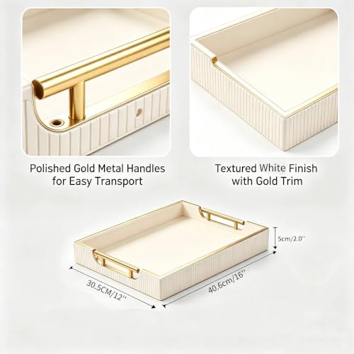 16''x12'' Leather Coffee Table Serving Tray with Gold Handle(Large White) - color: White