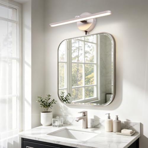 MantoLite Bathroom Vanity Light bar, Modern Brass LED Wall Sconce Over Mirror, Dimmable 3000K/4000K/6000K,Hardwired Bathroom Wall Light,24 Inch Bar Long Strip Sconce - color: Nickel, size: 16 inches