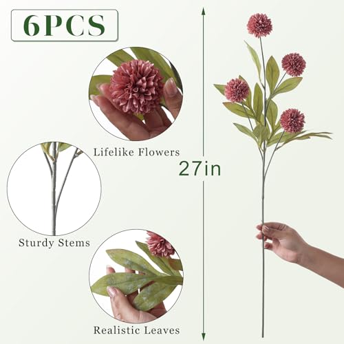 6 Pcs 27"Artificial Pompon Mum Silk Flower Stems for Vase (Warm Pink) - color: Warm Pink