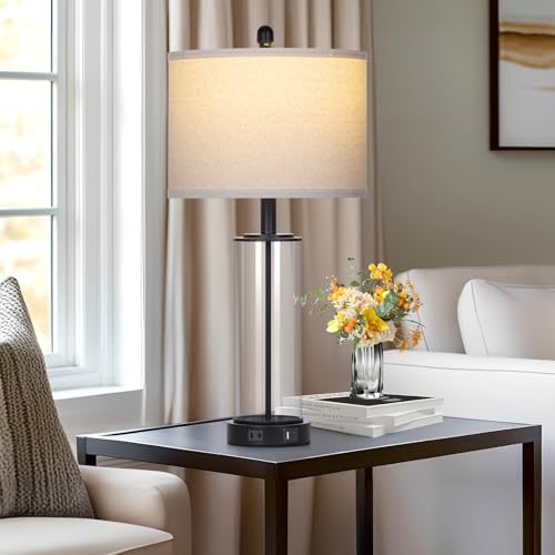 Ruzectt 26" Glass Table Lamp Single, 3-Way Dimmable Touch Control Living Room Lamp with USB C+A Ports & AC Outlet, Modern Bedside Lamps, Bedroom Lamps for Nightstand Side End Table Desk, Black-1PK - color: Black-1PK