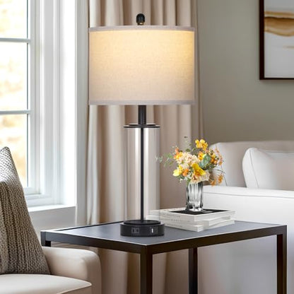 Ruzectt 26" Glass Table Lamp Single, 3-Way Dimmable Touch Control Living Room Lamp with USB C+A Ports & AC Outlet, Modern Bedside Lamps, Bedroom Lamps for Nightstand Side End Table Desk, Black-1PK - color: Black-1PK