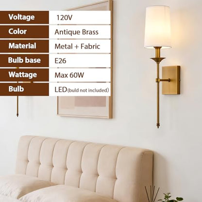 Hardwired Wall Sconces Set of 2, Mid Century Candlestick Style Wall Mounted Sconce with Pure White Cylindrical Shade and Long Slim Stem,for Bathroom Bedroom Living Room - color: Antique Brass