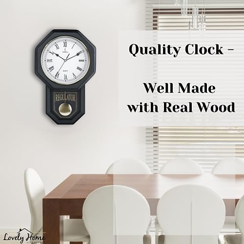 Pendulum Wall Clock, Real Wood Regulator Clock, Black, Quiet Non-Chiming - color: Black