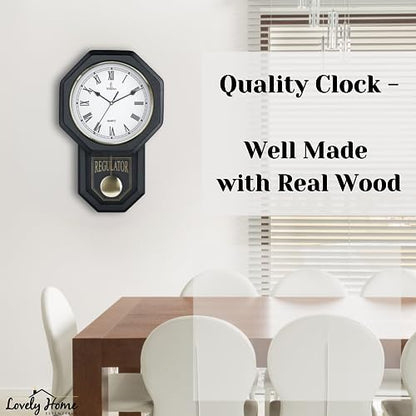 Pendulum Wall Clock, Real Wood Regulator Clock, Black, Quiet Non-Chiming - color: Black
