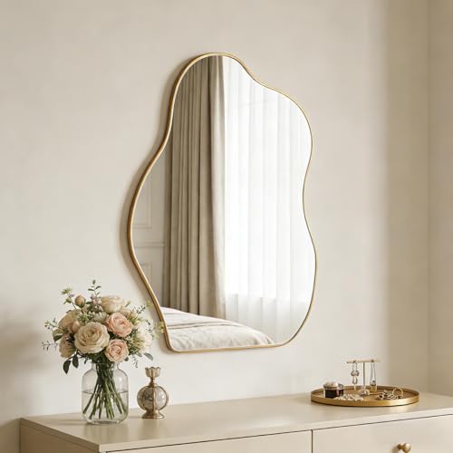 Irregular Asymmetrical Wall Mirror, 28x20 Inch Gold Bathroom Mirror - size: 28"L x 20"W